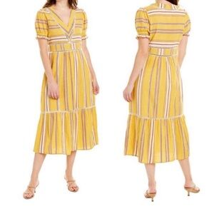 dRA  Puff Sleeve Striped Lace-trim Fit and Flare Midi Dress Yellow Women's Small